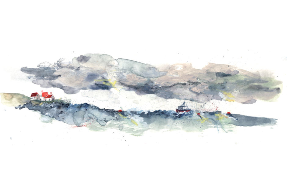 watercolour of fishing boats at sea