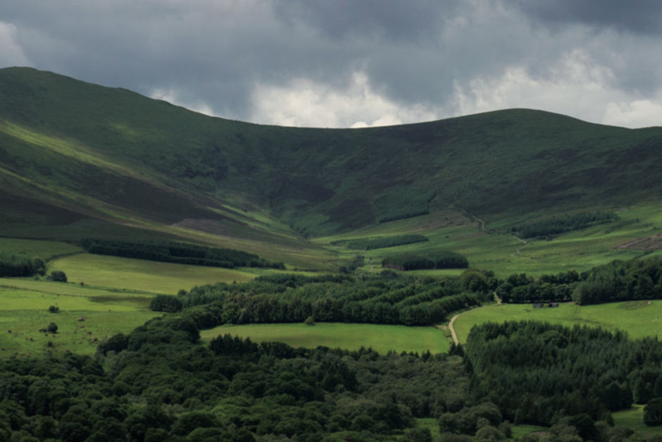 Green mountains on a cloudy day